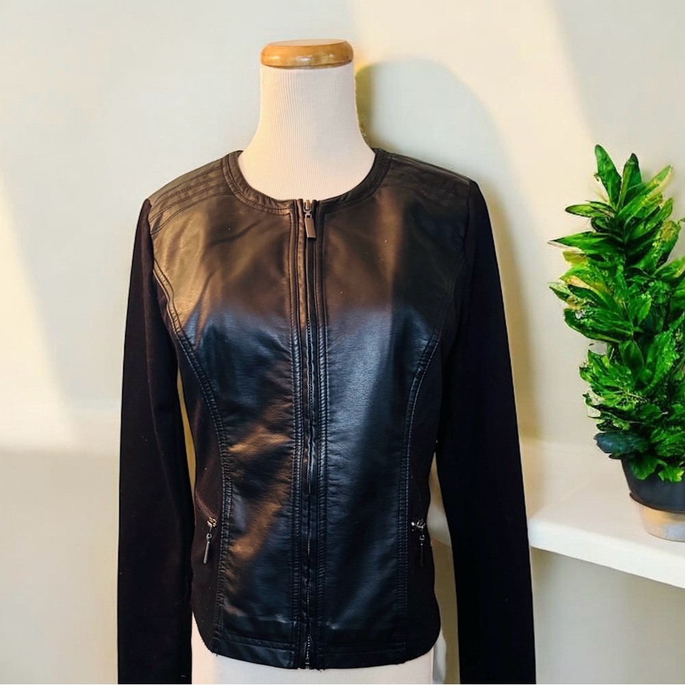 [Alfani] Black Faux-Leather Mixed-Media Jacket Sz: SP
